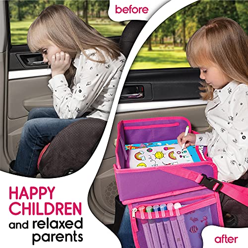 Kids Travel Tray - Waterproof Lap Table with No-Drop Large Tablet Holder - Car Seat Tray - Road Trip Essentials Kids - Car Desk Organizer for Airplane - Toddler Travel Essentials (Pink) - color: PINK