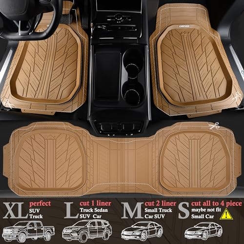 CAR PASS Tire Tread DeepDish Rubber Floor Mats for car Heavy Duty car mats All Weather, Universal XL~M Trim to Fit for Truck SUV Vehicle Automotive, Waterproof car mats 3 piece Solid Beige - color: All Beige