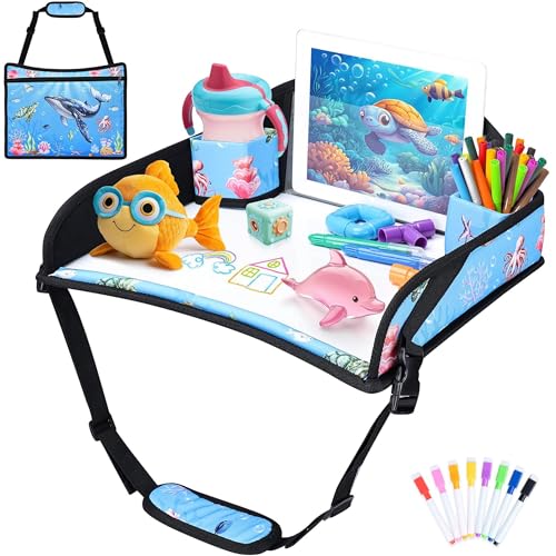 Kids Travel Tray for Toddler Carseat, Road Trip Activities Essentials for Toddler, Kids Lap Desk Tray with Tablet Holder Stand ＆ Dry Erase Board (Whale) - color: Whale