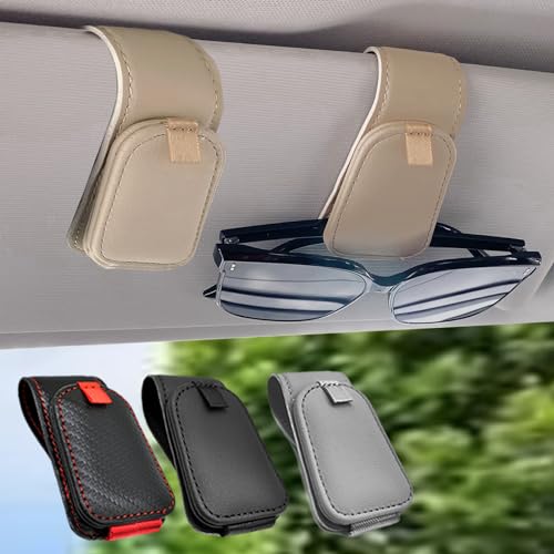 Sunglass Holder for Car, 2 Pack Car Sunglass Holder Visor Clip Magnetic Leather Sun Glasses Eyeglass Hanger, Beige, Fit for Different Size Eyeglasses - color: Beige