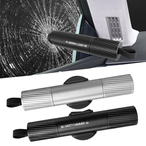 2 Pack Car Safety Hammer Car Window Breaker Seatbelt Cutter Emergency Escape Tool Car Glass Breaker for Land and Underwater Life-Saving Car Safety Kit Essentials Car Accessories (Black+Silver) - color: Black+Silver