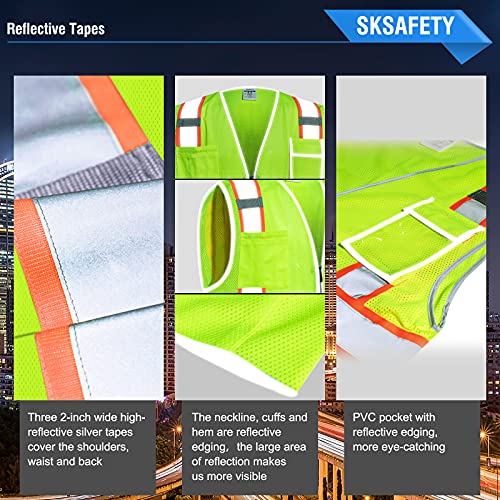 SKSAFETY 10 Pockets Safety Vest, Class 2 High Visibility Security with Zipper Double-sided mesh, Hi Vis Vest with Reflective Strips, ANSI/ISEA Standard, Construction Work Vest （Lime, 2XL） - color: Yellow Mesh, size: XX-Large