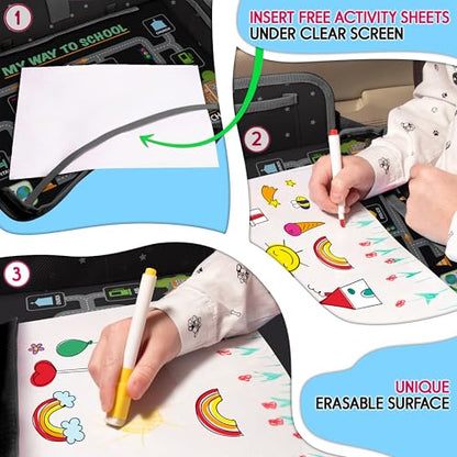 Kids Travel Tray - Waterproof Lap Table with No-Drop Large Tablet Holder - Car Seat Tray - Road Trip Essentials Kids - Car Desk Organizer for Airplane - Toddler Travel Essentials - color: PREMIUM BLACK