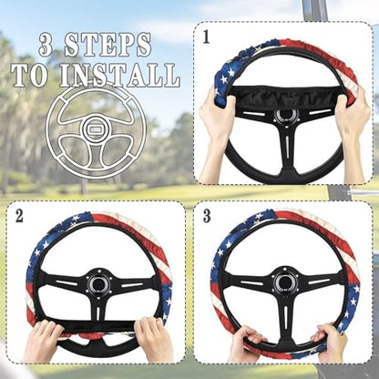 American Flags Golf Cart Steering Wheel Cover Fit 13-14 Inch Car Anti-Slip Car Accessories Steering Wheel Cover Odorless Breathable Wrap Cover Sweat Absorption - color: American Flags