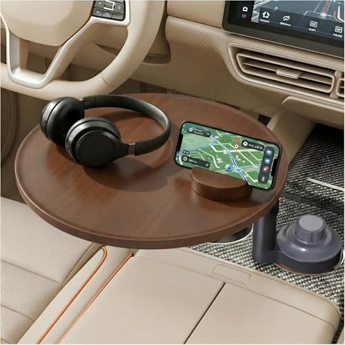 Car Desk for Laptop & Car Table Tray, Height-Adjustable 360° Rotating Wood Car Laptop Mount, Cup Holder Table, Steering Wheel Tray, Compatible with Tesla & Most Vehicles - color: Walnut