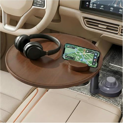 Car Desk for Laptop & Car Table Tray, Height-Adjustable 360° Rotating Wood Car Laptop Mount, Cup Holder Table, Steering Wheel Tray, Compatible with Tesla & Most Vehicles - color: Walnut