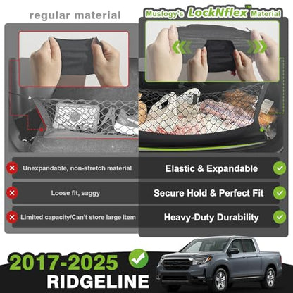 Muslogy Truck Bed Cargo Net Trunk Netting Compatible with Honda Ridgeline 2017-2025 2026 Accessories, Pickup Cargo Organizer SUV Sedan Storage Net w/Heavy Duty Carabiners - style: 2017+ Ridgeline
