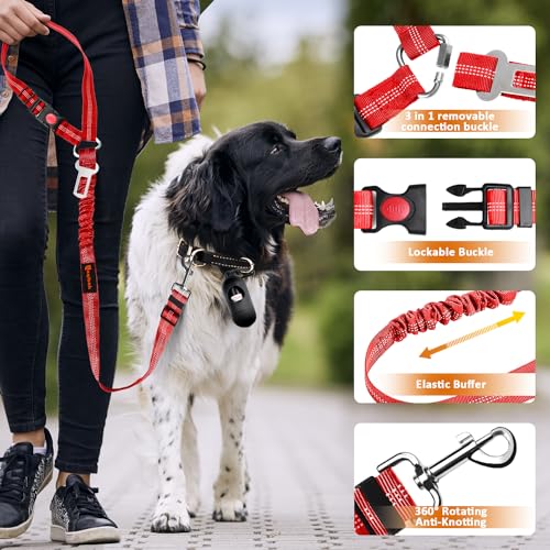 Removable Dog Seat Belt Harness for Car, 3 in 1 Pet Dog Car Seatbelt Leash, Retractable Restraint Secures to Vehicle Headrest & Adjustable Reflective Bungee Dog Seatbelt Tether, Red - color: 2PCS Red