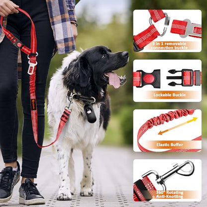 Removable Dog Seat Belt Harness for Car, 3 in 1 Pet Dog Car Seatbelt Leash, Retractable Restraint Secures to Vehicle Headrest & Adjustable Reflective Bungee Dog Seatbelt Tether, Red - color: 2PCS Red