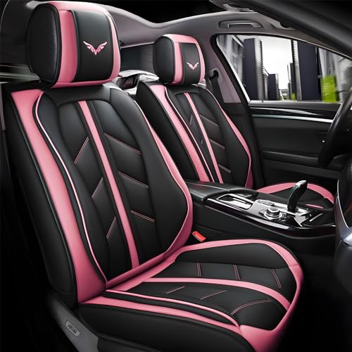 otoez Car Seat Covers Full Set, Leather Pink Seat Covers for Cars 5 Seats, Automotive Front and Rear Seat Protectors Universal Fit Most Cars Sedans SUV Pick-up Truck (Pink, Without Pillows) - color: Pink, size: Without Pillows
