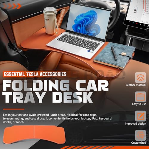 Leather Tray Table Folding Car Table Compatible with Tesla Model 3 Y – Multi-Use Dining Tray & Laptop Stand, Fits Front Driver & Passenger Seats,Orange - color: Orange