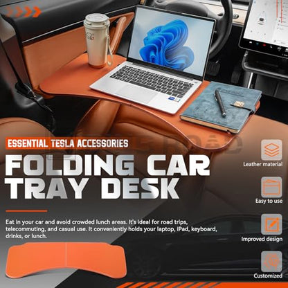 Leather Tray Table Folding Car Table Compatible with Tesla Model 3 Y – Multi-Use Dining Tray & Laptop Stand, Fits Front Driver & Passenger Seats,Orange - color: Orange