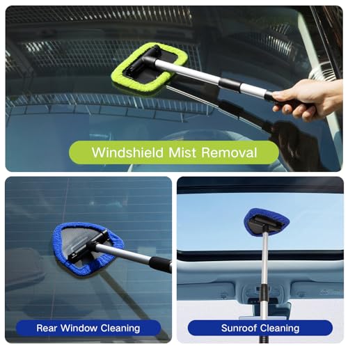 Qydipclin 11pcs Windshield Cleaner Tool, Car Window Cleaning Wash Kit with 6 Reusable Microfiber Pads 2 Spray Bottles and Extendable Handles Auto Glass Wiper Kit, Blue & Green - color: Blue & Green