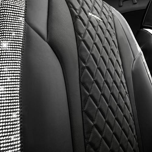 CAR PASS Bling Leather Car Seat Covers & Black Nappa Leather Calfskin Seat Cushioned Protector, Waterproof Anti-Slip Universal Fit SUV Truck Sedan, Glitter Sparkly Shining Rhinestone, Silver Diamond - color: Black and Silver Diamond, size: Full Set