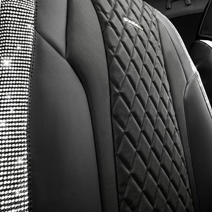 CAR PASS Bling Leather Car Seat Covers & Black Nappa Leather Calfskin Seat Cushioned Protector, Waterproof Anti-Slip Universal Fit SUV Truck Sedan, Glitter Sparkly Shining Rhinestone, Silver Diamond - color: Black and Silver Diamond, size: Full Set