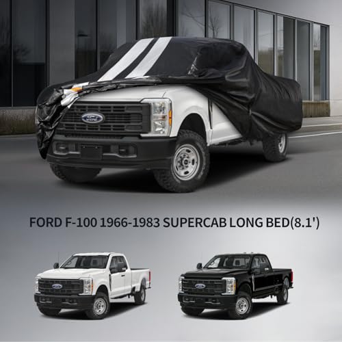 F-100 Truck Cover Custom Fit 1966-1983 SuperCab Long Bed(8.1') with Door Zipper, 10 Layers Outdoor Heavy Pickup Truck Cover Waterproof All Weather, Wind Dust Sun Protector. - size: F-100 1966-1983 SuperCab Long Bed(8.1')+Towel+Bag