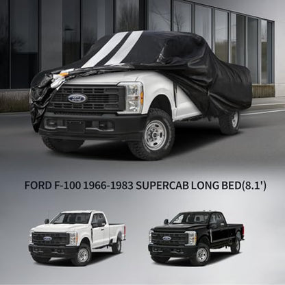 F-100 Truck Cover Custom Fit 1966-1983 SuperCab Long Bed(8.1') with Door Zipper, 10 Layers Outdoor Heavy Pickup Truck Cover Waterproof All Weather, Wind Dust Sun Protector. - size: F-100 1966-1983 SuperCab Long Bed(8.1')+Towel+Bag