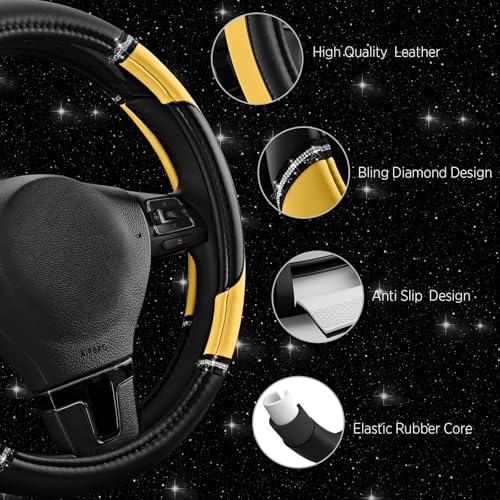 Road Comforts Leather Steering Wheel Cover - Made with PVC Leather - Anti-Slip, Universal Fit 14 1/2 inches to 15 inches - Yellow - color: Yellow