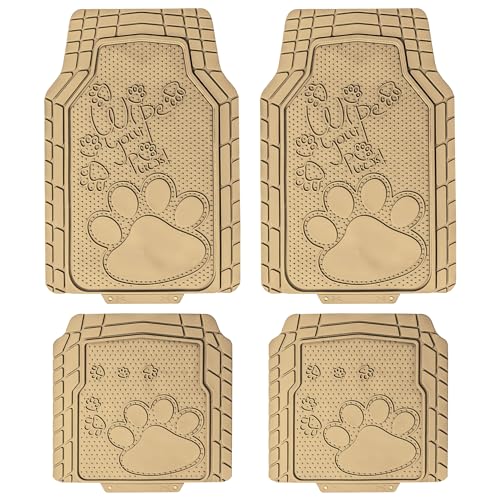 FH Group Car Floor Mats - Adorable Paw Print, Heavy-Duty Rubber Mats, Universal Fit Full Set, Climaproof, Trimmable, Fit Most Sedan, SUV, Truck - Beige - color: Beige