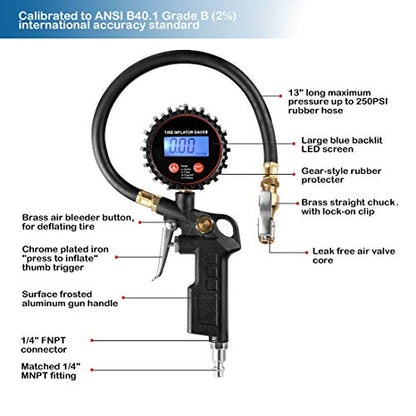CZC AUTO Digital Tire Inflator Pressure Gauge, LED Display Tyre Deflator Gage with Straight Brass Lock-on Chuck Rubber Hose, Compatible with Air Pump Compressor for Truck Bus RV Car Motorcycle Bike