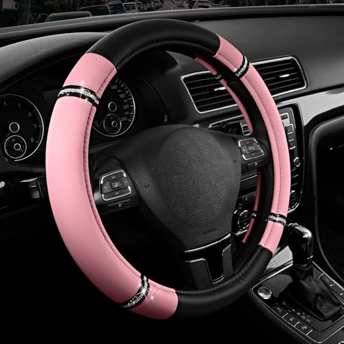 Road Comfort Leather Steering Wheel Cover – Premium Anti-Slip Car Steering Wheel Grip Cover – Universal Fit for 14.5”–15” Cars, Trucks & SUVs - Pink - color: Pink