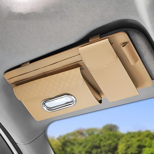 ZIMISI Leather Car Visor Organizer, Sun Visor Storage Bag, Car Tissue Holder, Multi-Pocket Document Holder, Vehicle Travel Accessories for Pen, License, Cards, Sunglasses, Tissues (Khaki) - color: Khaki