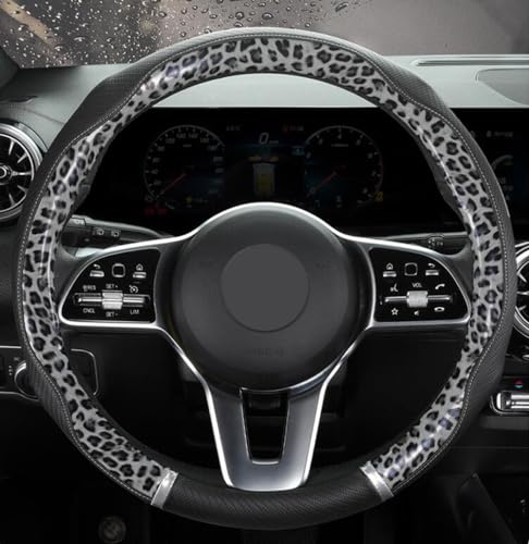 Peach Wood Grain Steering Wheel Cover Anti-Slip Breathable Durable Leather Four Seasons Universal 15 Inch Car Wrap Cover (Leopard-Gray) - color: Leopard-Gray
