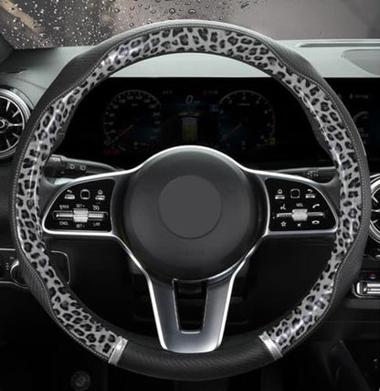 Peach Wood Grain Steering Wheel Cover Anti-Slip Breathable Durable Leather Four Seasons Universal 15 Inch Car Wrap Cover (Leopard-Gray) - color: Leopard-Gray