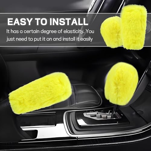 Hovom 2PCS Fluffy Car Gear Shift Knob Cover & Handbrake Cover, Soft Plush Hand Brake Handle & Gear Shift Cover for Women Girls, Universal Comfortable Warm Furry Car Accessories (Yellow) - color: Yellow