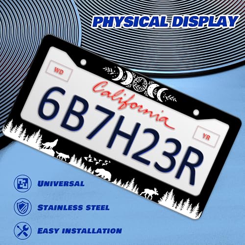 Moon Phases License Plate Frame Wolf Bear Deer License Plate Holder Personalise Stainless Steel Funny Design Compatible with Standard License Plate Frames for USA Canada 6 X 12 in 2 Holes with Screws - color: Moon Phases