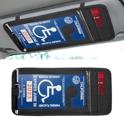 Car Visor Handicap Placard Holder, Disabled Parking Permit Sign Protector for Auto Sun Visor, Disability Parking Placard Holder with Pen Holder, Note Paper Card Slot, Elastic Strap