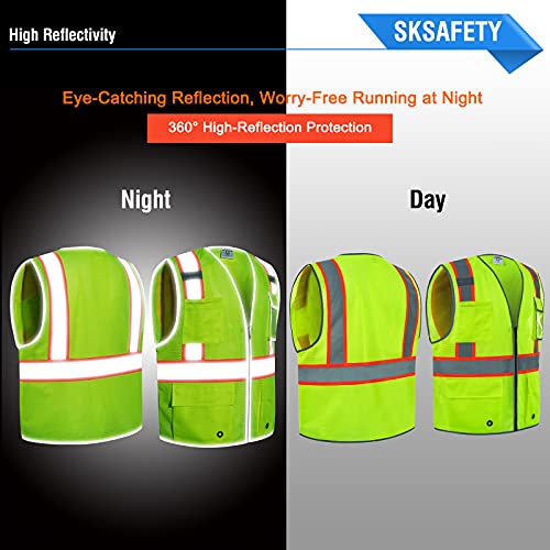 SKSAFETY 10 Pockets Safety Vest, Class 2 High Visibility Security with Zipper Double-sided mesh, Hi Vis Vest with Reflective Strips, ANSI/ISEA Standard, Construction Work Vest （Lime, 2XL） - color: Yellow Mesh, size: XX-Large