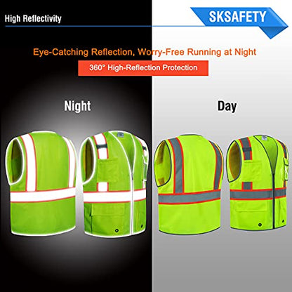 SKSAFETY 10 Pockets Safety Vest, Class 2 High Visibility Security with Zipper Double-sided mesh, Hi Vis Vest with Reflective Strips, ANSI/ISEA Standard, Construction Work Vest （Lime, L） - color: Yellow Mesh, size: Large