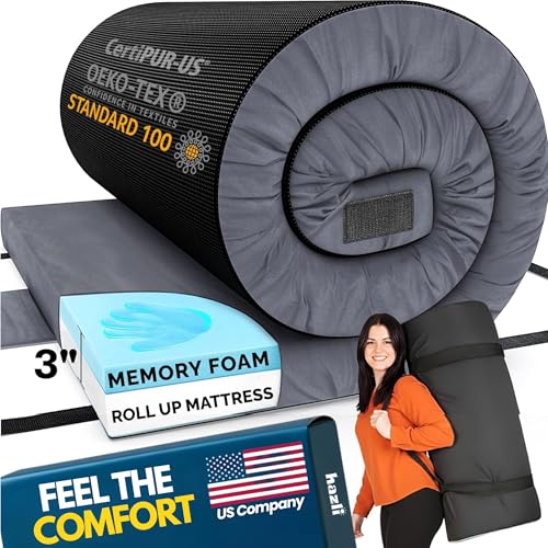 Hazli Matrix AirCell Memory Foam Camping Mattress Pad - CertiPUR-US Roll Up Mattress for Adults - Portable Foam Sleeping Mats for Camping - Camp Cot Sleeping Pad - Floor Sleep Mat Bed Roll for Car RV - color: Dark Gray, size: Twin: 75’’ X 36’’ X 3’’