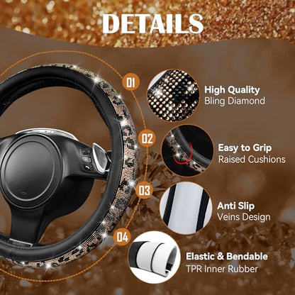 CAR PASS Bling Diamond Steering Wheel Cover Leopard Pattern, Sparkly Crystal Glitter Rhinestones Black Leather Wheel Protect for Women Girl Fit Suvs,Vans,Sedans,Cars,Trucks, 14" 1/2-15" Gold Leopard - color: Leopard Diamond