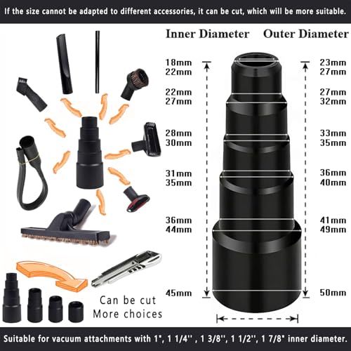 14Pcs Universal Vacuum Attachment Professional Shop Vac Accessories Wet Dry Vacuum Hose Adapter with Hair Brush Extension Wand Flexible Crevice Tool fit 2 1/2" to 1 1/4" and 1 7/8" to 1" Vacuum Hose