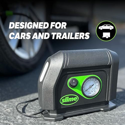 Slime 40050 Tire Inflator, Portable Car Air Compressor, with Analog 100 psi Dial Gauge, Long Hose and LED Light, 12V, 8 min Inflation - style: Analog