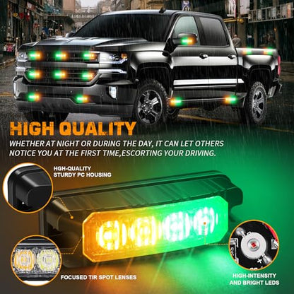 XRIDONSEN 8PCS Sync Truck Grill Strobe Lights 32 LED Amber Green Emergency Lights Grille Surface Mount Strobe Flashing Warning hazard Caution Safety Light for Tow Plow Trucks Construction Vehicles Car - color: Amber/Green