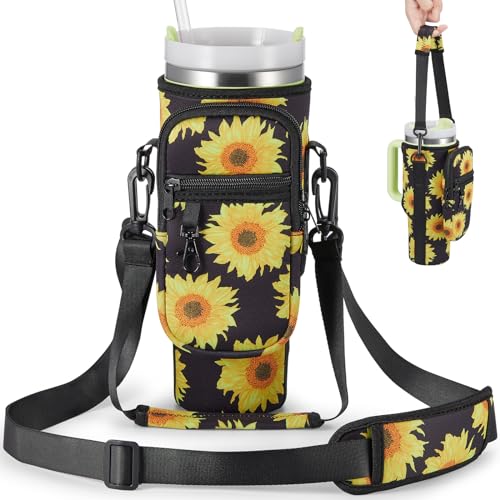 BULKITEM Water Bottle Carrier Bag with Phone Pocket for Stanley 40 & 30 oz Tumbler with Handle,Pink Insulated Neoprene Cup Holder Pouch w/Adjustable Strap for Quencher H2.0 Stanley Cup Accessories - color: Sunflower, size: 30oz
