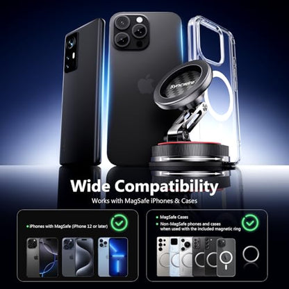 SYNCWIRE for MagSafe Car Mount [2-Axis Design] Nano Adhesive Gel + Suction Cup Magnetic Phone Holder for Dashboard & Windshield, 360° Adjustable for iPhone 17 16 15 14 13 12 11, Samsung, Carbon Fiber - style: 2-Axis | Carbon Fiber