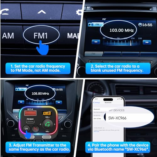 Syncwire Bluetooth 5.4 FM Transmitter Car Adapter 54W (PD 36W & 18W) [Stronger Dual Mics] [Light Switch] [HiFi Bass Sound] [Fast Charging] Wireless Radio Receiver Hands-Free Calling LED Display - color: Black