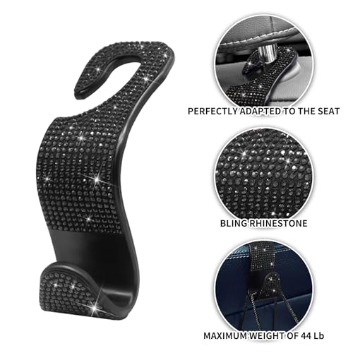 Generic Car Purse Hook Bling Car Headrest Hook for Women Girls, 4 Packs Auto Back Seat Hangers Rear Headrest Hook for Purse, Bag, Handbag, Grocery (Black) - color: Black