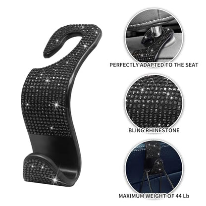 Generic Car Purse Hook Bling Car Headrest Hook for Women Girls, 4 Packs Auto Back Seat Hangers Rear Headrest Hook for Purse, Bag, Handbag, Grocery (Black) - color: Black