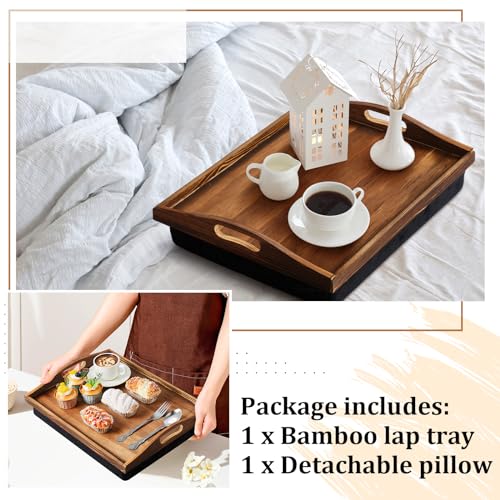 Tioncy 1 Piece Bamboo Lap Tray with Detachable Pillow 16.9'' x 13'' Lap TV Trays Desk with Handles for Adults Eating in Recliner Breakfast Housewarming Gift (Burn Color) - color: Burn Color