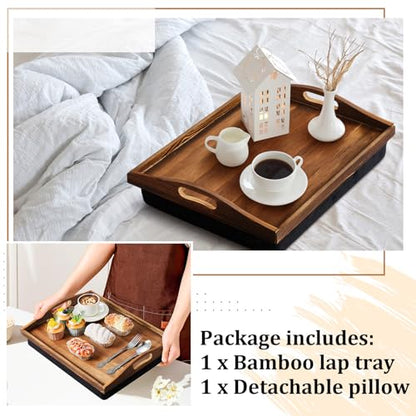 Tioncy 1 Piece Bamboo Lap Tray with Detachable Pillow 16.9'' x 13'' Lap TV Trays Desk with Handles for Adults Eating in Recliner Breakfast Housewarming Gift (Burn Color) - color: Burn Color