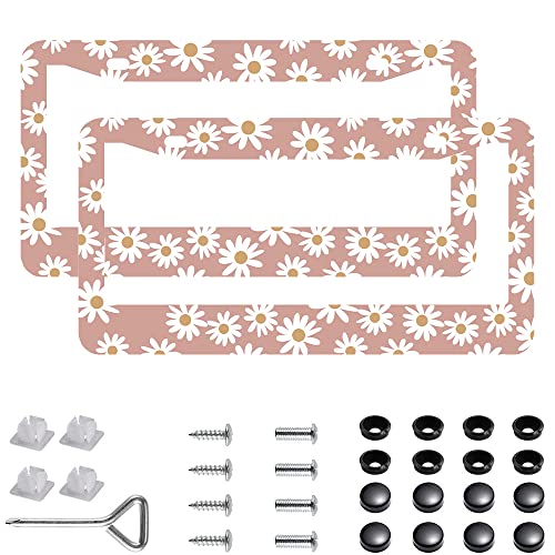 2Pcs Pink Fun with Daisies License Plate Frames Cover Holders Stainless Steel Daisies License Plate Cover with Screw Caps Cover and Screwdriver Set - 2-Hole for Girl Women (Pink Fun with Daisies) - color: Pink Fun with Daisies