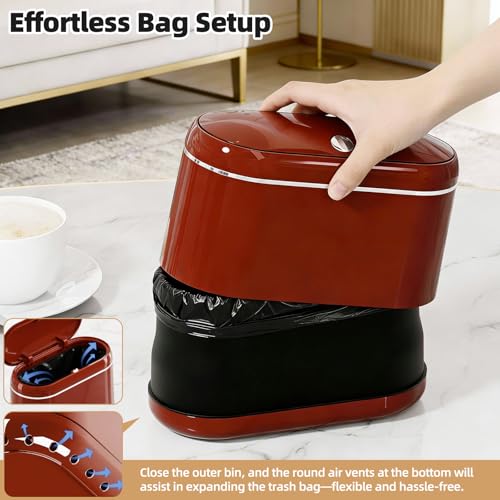 PAVSTINE Mini Trash Can for Desk with 5 Rolls of Trash Bags, Small Press-Top Countertop Garbage Bin, Removable Waste Basket for Bedroom, Vanity, Coffee Table, Kitchen (Red Full-Lid) - color: Red Full-Lid
