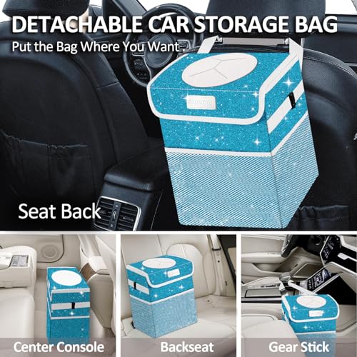 Car Trash Can for Car, Cute Mini Car Trash Bag with Lid, Glitter Car Garbage Can Bin Hanging for Back/Front Seat/Console, Waterproof, Leakproof, 2.5 Gallon, Blue Bling Sparkly - color: Blue Bling Sparkly