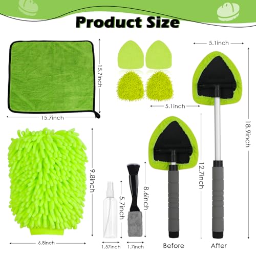 8PCS Windshield Cleaner Tool, Car Windshield Cleaner Tool with Extendable Handle 180° Rotation,Car Window Cleaner with 4 Reusable Microfiber Pads+100ml Spray Bottle+1 Detailing Brush