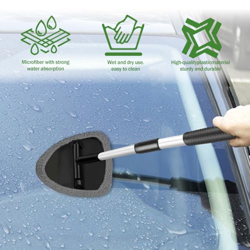 Windshield Cleaning Tool, Car Window Cleaner with 4 Washable Reusable Microfiber Pads, Auto Interior Exterior Extendable Long Handle Glass Wiper Cleaning Kit Universal for Office and Home (Grey) - color: Grey
